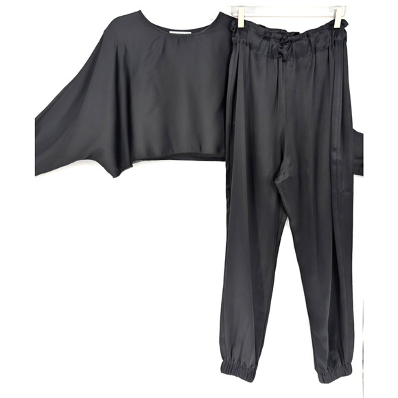 Nonchalant Label Emilia Satin Crop Top & Evory Satin Jogger Set Black Glam Small - Picture 7 of 14